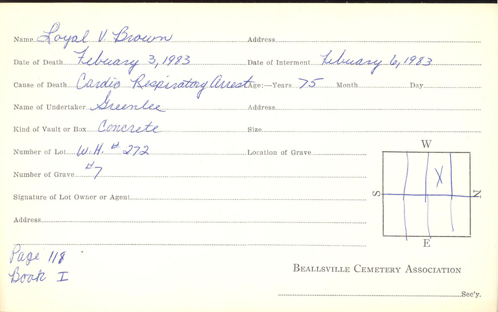Loyal Brown burial card